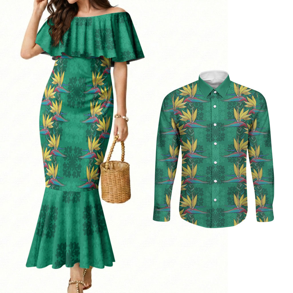 Hawaii Waikiki King Couples Matching Mermaid Dress and Long Sleeve Button Shirt Green Quilt With Pua Manu LT05 Green - Polynesian Pride