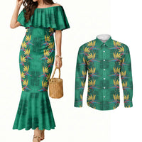 Hawaii Waikiki King Couples Matching Mermaid Dress and Long Sleeve Button Shirt Green Quilt With Pua Manu LT05 Green - Polynesian Pride
