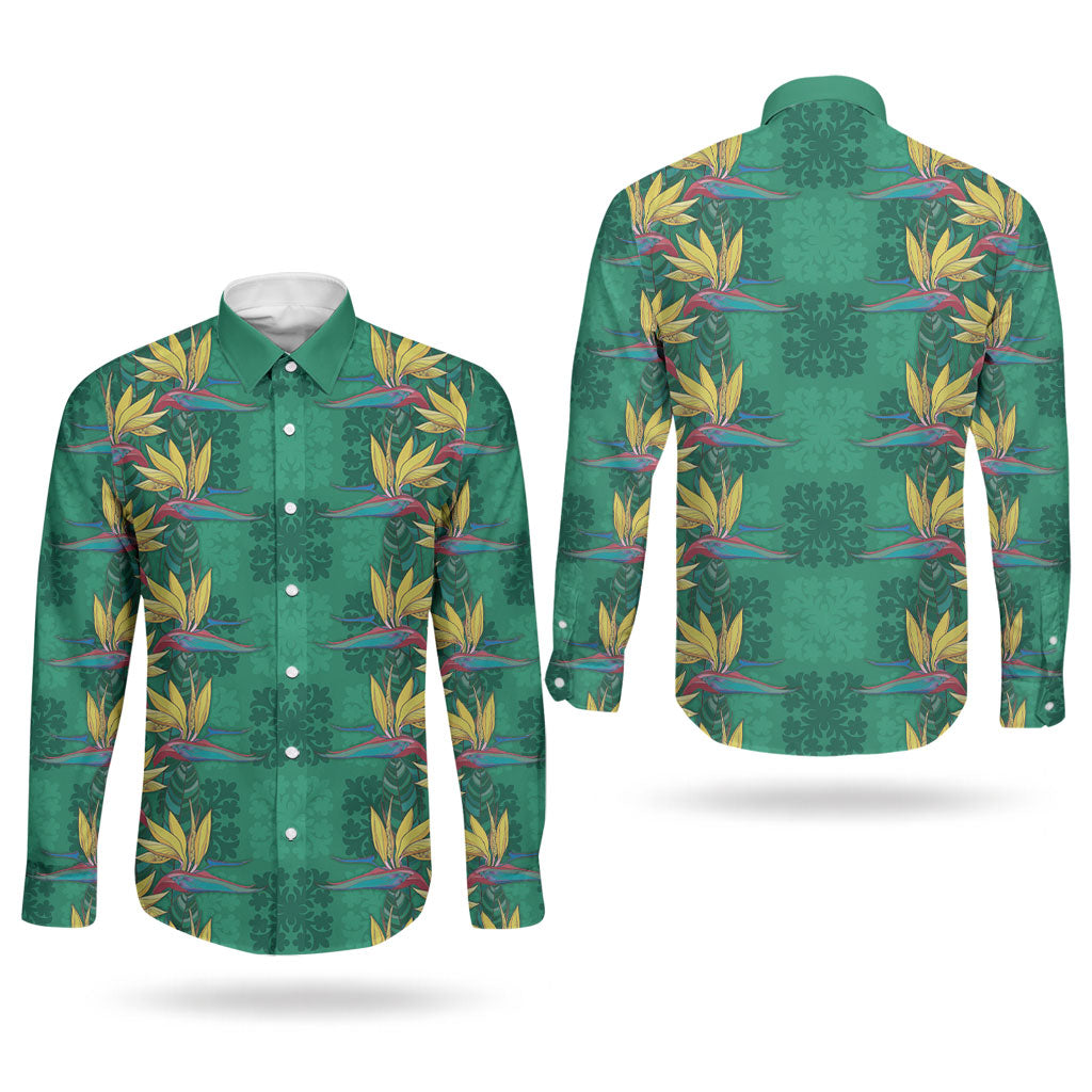 Hawaii Waikiki King Couples Matching Off Shoulder Maxi Dress and Long Sleeve Button Shirt Green Quilt With Pua Manu LT05 - Polynesian Pride