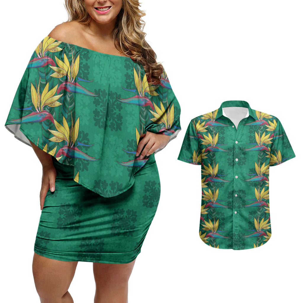 Hawaii Waikiki King Couples Matching Off Shoulder Short Dress and Hawaiian Shirt Green Quilt With Pua Manu LT05 Green - Polynesian Pride