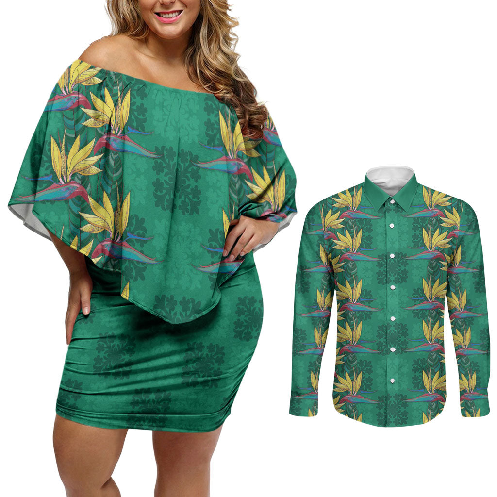 Hawaii Waikiki King Couples Matching Off Shoulder Short Dress and Long Sleeve Button Shirt Green Quilt With Pua Manu LT05 Green - Polynesian Pride