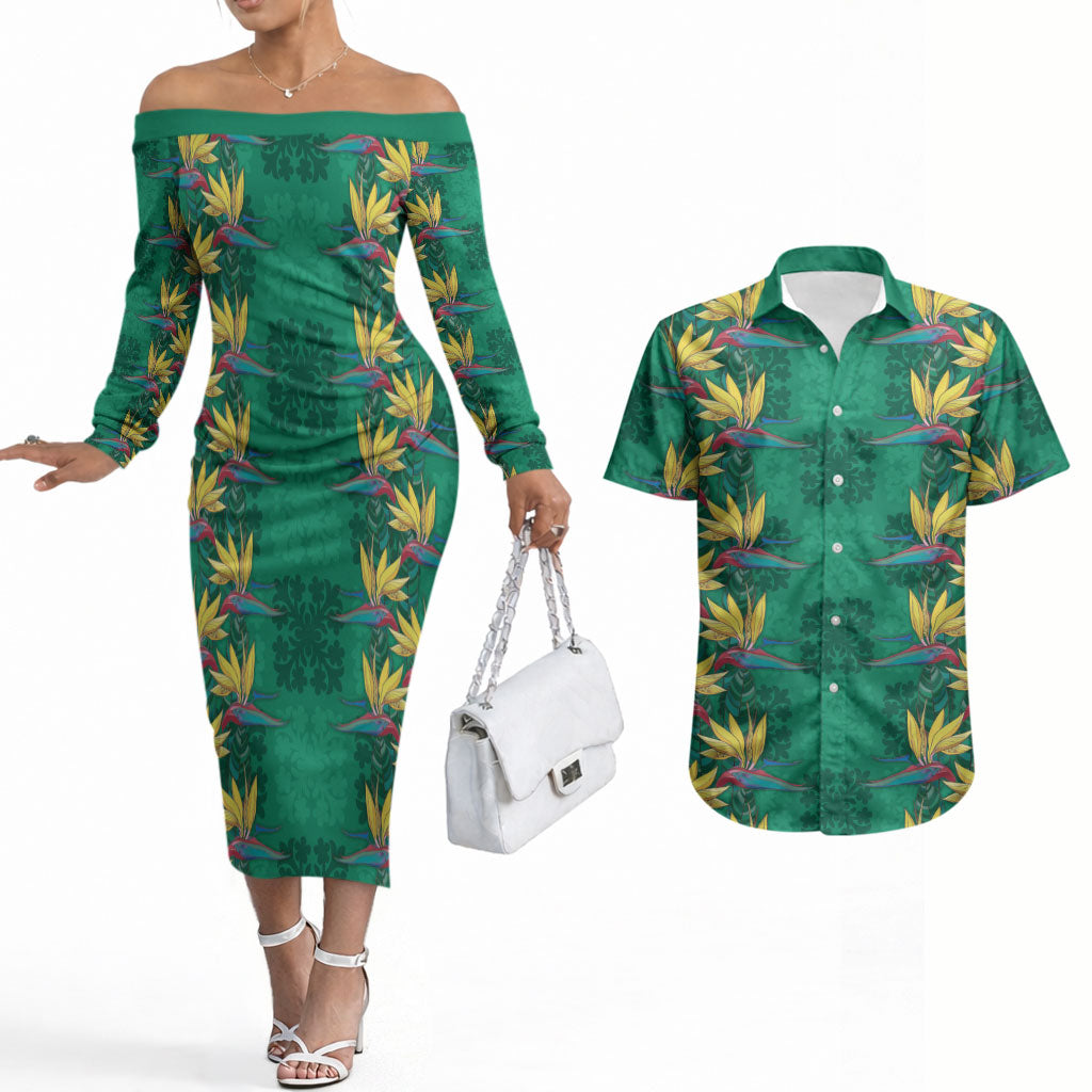 Hawaii Waikiki King Couples Matching Off The Shoulder Long Sleeve Dress and Hawaiian Shirt Green Quilt With Pua Manu LT05 Green - Polynesian Pride