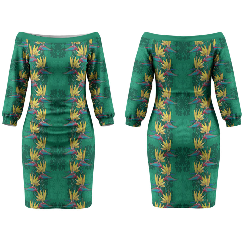 Hawaii Waikiki King Couples Matching Off The Shoulder Long Sleeve Dress and Hawaiian Shirt Green Quilt With Pua Manu LT05 - Polynesian Pride