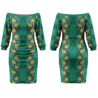 Hawaii Waikiki King Couples Matching Off The Shoulder Long Sleeve Dress and Hawaiian Shirt Green Quilt With Pua Manu LT05 - Polynesian Pride