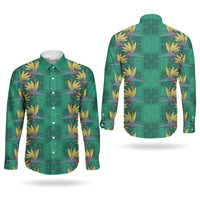 Hawaii Waikiki King Couples Matching Off The Shoulder Long Sleeve Dress and Long Sleeve Button Shirt Green Quilt With Pua Manu LT05 - Polynesian Pride