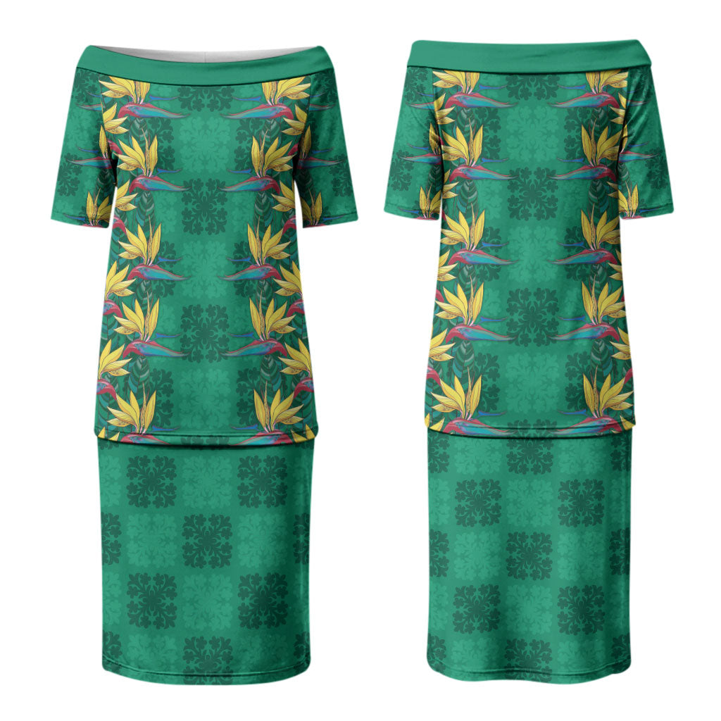Hawaii Waikiki King Couples Matching Puletasi and Long Sleeve Button Shirt Green Quilt With Pua Manu LT05 - Polynesian Pride