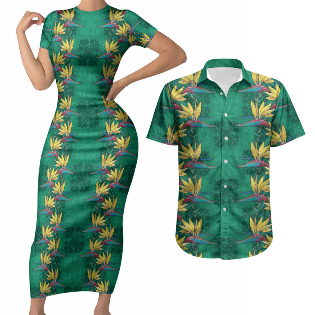 Hawaii Waikiki King Couples Matching Short Sleeve Bodycon Dress and Hawaiian Shirt Green Quilt With Pua Manu LT05 Green - Polynesian Pride