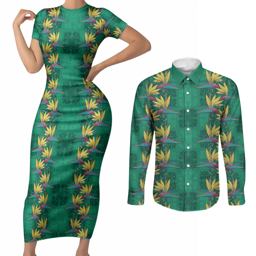 Hawaii Waikiki King Couples Matching Short Sleeve Bodycon Dress and Long Sleeve Button Shirt Green Quilt With Pua Manu LT05 Green - Polynesian Pride