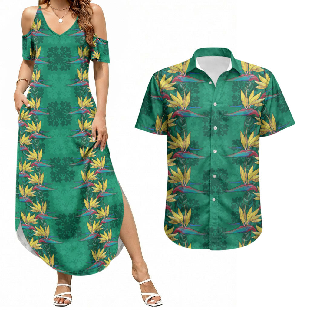Hawaii Waikiki King Couples Matching Summer Maxi Dress and Hawaiian Shirt Green Quilt With Pua Manu LT05 Green - Polynesian Pride