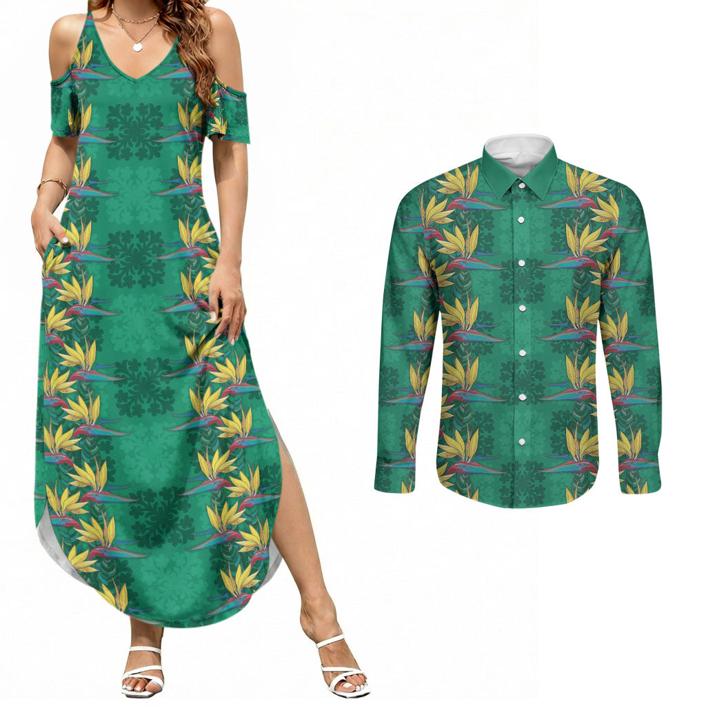 Hawaii Waikiki King Couples Matching Summer Maxi Dress and Long Sleeve Button Shirt Green Quilt With Pua Manu LT05 Green - Polynesian Pride