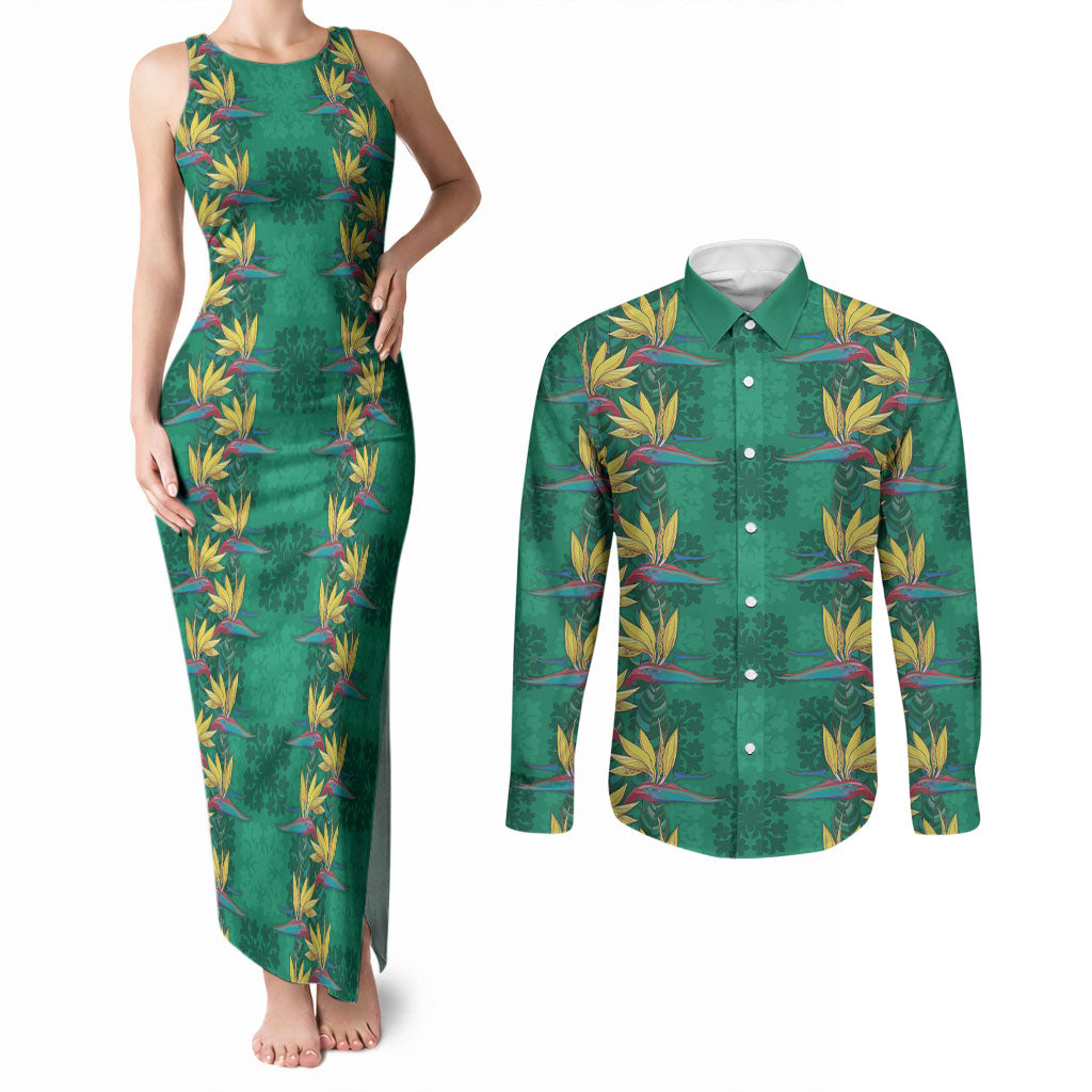Hawaii Waikiki King Couples Matching Tank Maxi Dress and Long Sleeve Button Shirt Green Quilt With Pua Manu LT05 Green - Polynesian Pride
