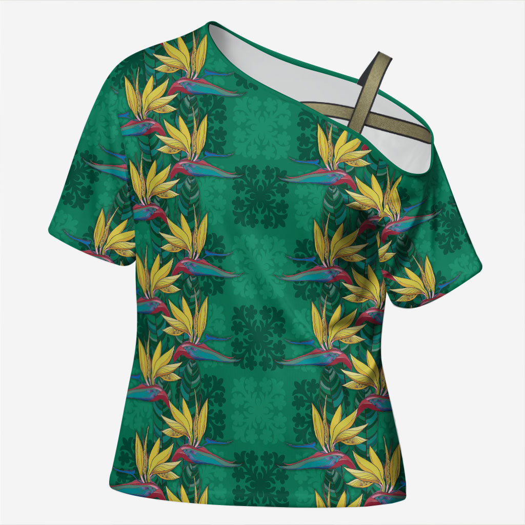 Hawaii Waikiki King Cross Shoulder Shirt Green Quilt With Pua Manu