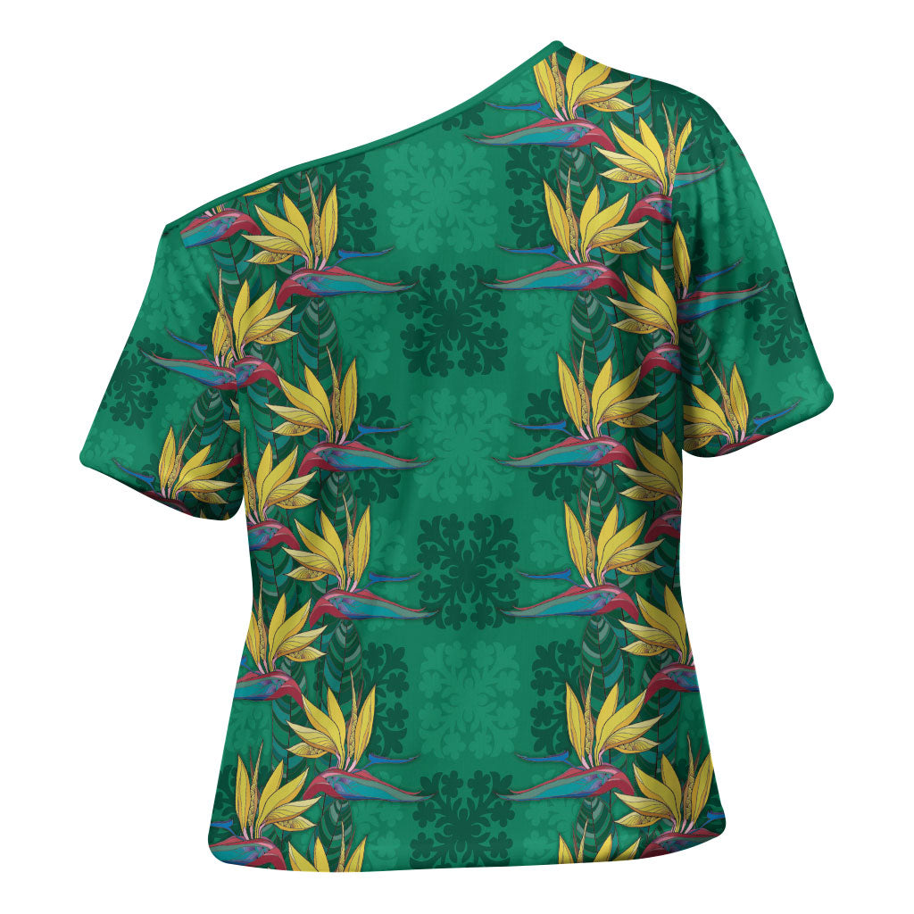 Hawaii Waikiki King Cross Shoulder Shirt Green Quilt With Pua Manu LT05 - Polynesian Pride