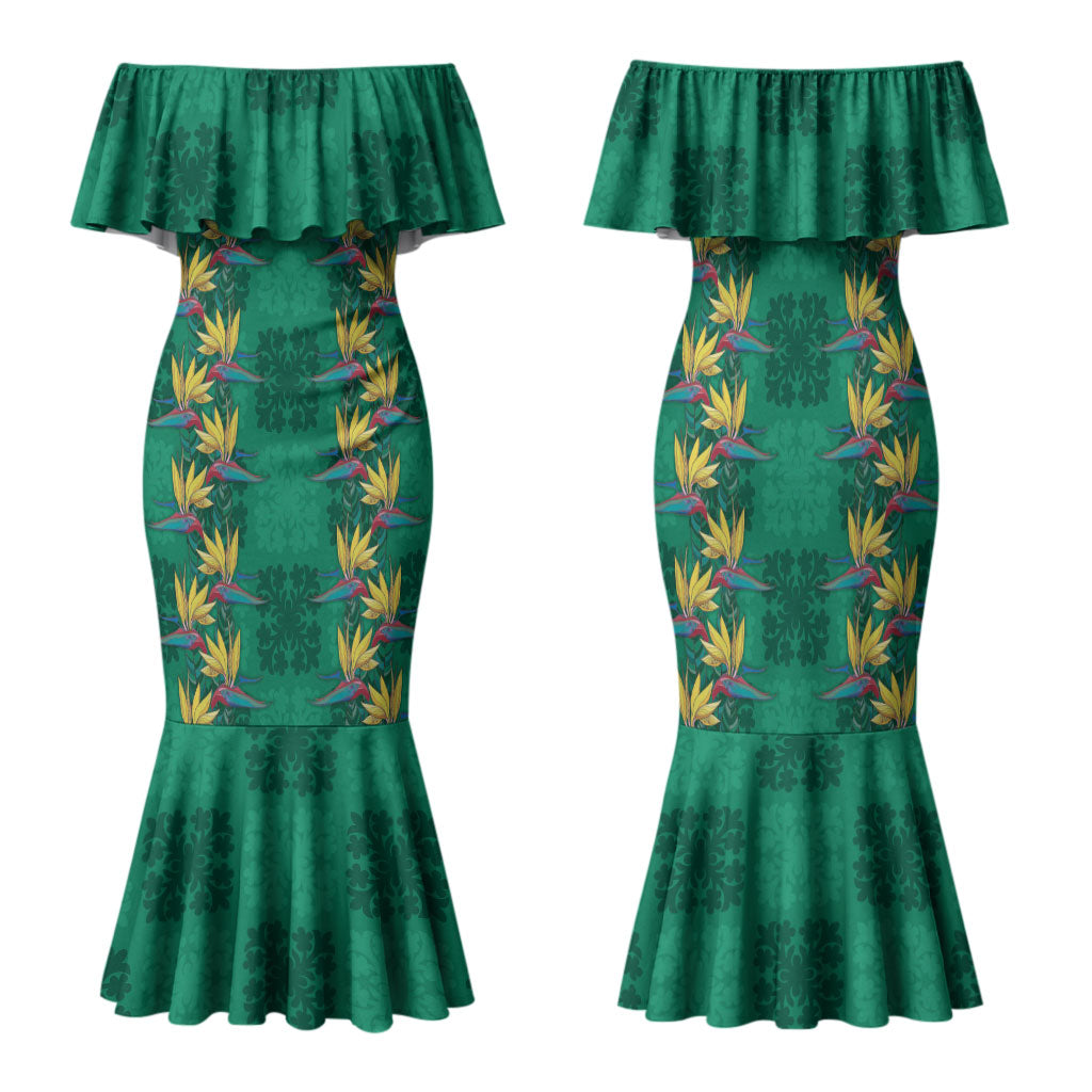 Hawaii Waikiki King Family Matching Mermaid Dress and Hawaiian Shirt Green Quilt With Pua Manu LT05 Mom's Dress Green - Polynesian Pride