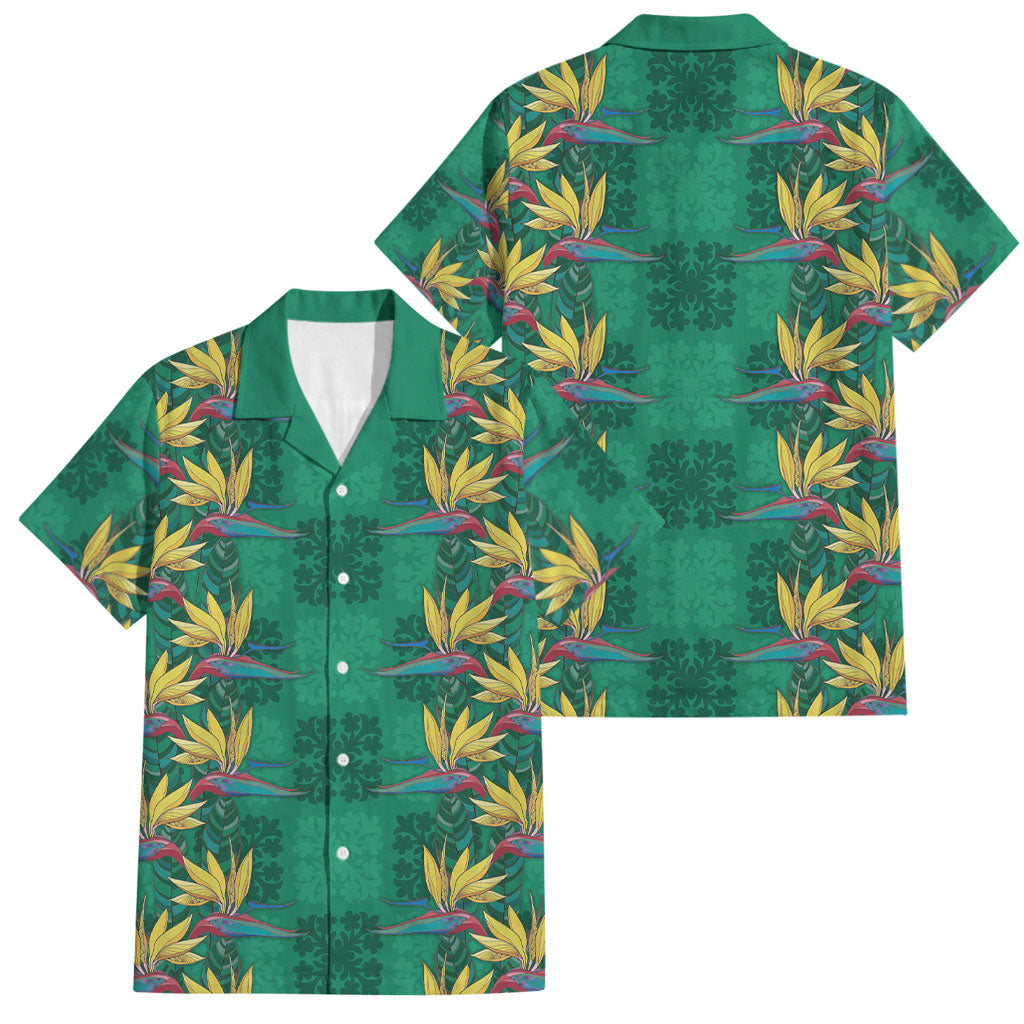 Hawaii Waikiki King Family Matching Mermaid Dress and Hawaiian Shirt Green Quilt With Pua Manu LT05 Dad's Shirt - Short Sleeve Green - Polynesian Pride