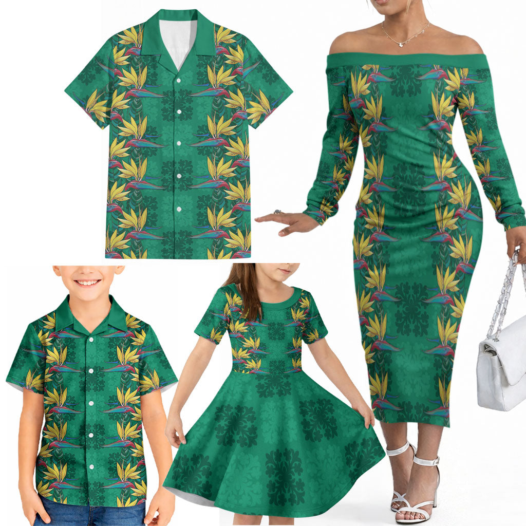 Hawaii Waikiki King Family Matching Off The Shoulder Long Sleeve Dress and Hawaiian Shirt Green Quilt With Pua Manu LT05 - Polynesian Pride