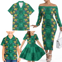 Hawaii Waikiki King Family Matching Off The Shoulder Long Sleeve Dress and Hawaiian Shirt Green Quilt With Pua Manu LT05 - Polynesian Pride