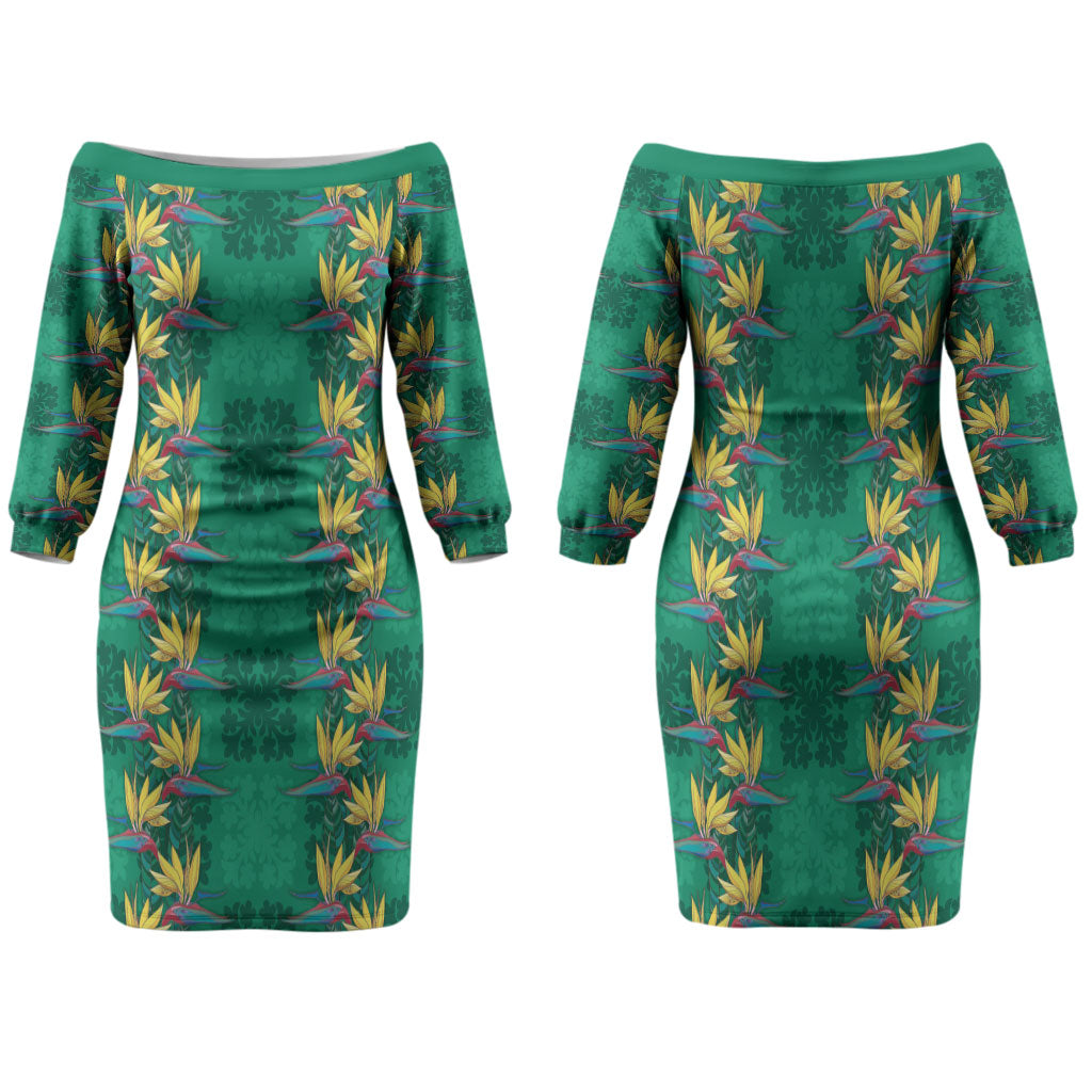 Hawaii Waikiki King Family Matching Off The Shoulder Long Sleeve Dress and Hawaiian Shirt Green Quilt With Pua Manu LT05 Mom's Dress Green - Polynesian Pride