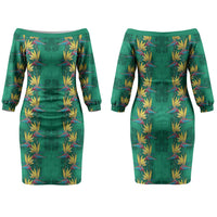 Hawaii Waikiki King Family Matching Off The Shoulder Long Sleeve Dress and Hawaiian Shirt Green Quilt With Pua Manu LT05 Mom's Dress Green - Polynesian Pride