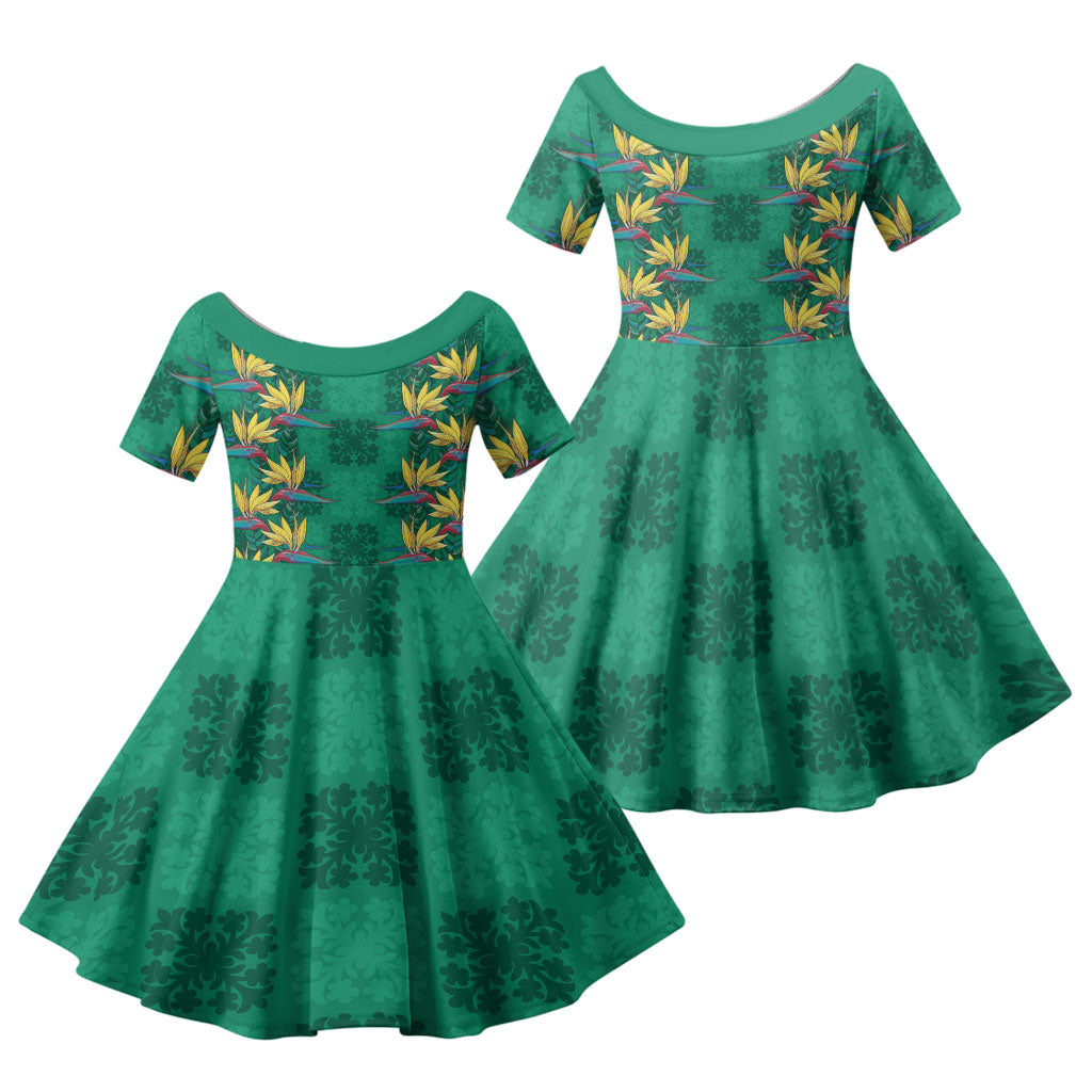 Hawaii Waikiki King Family Matching Off The Shoulder Long Sleeve Dress and Hawaiian Shirt Green Quilt With Pua Manu LT05 Daughter's Dress Green - Polynesian Pride