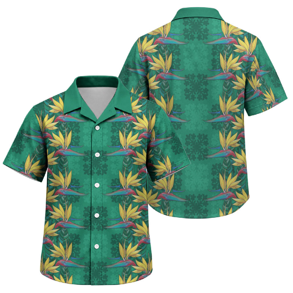 Hawaii Waikiki King Family Matching Off The Shoulder Long Sleeve Dress and Hawaiian Shirt Green Quilt With Pua Manu LT05 Son's Shirt Green - Polynesian Pride