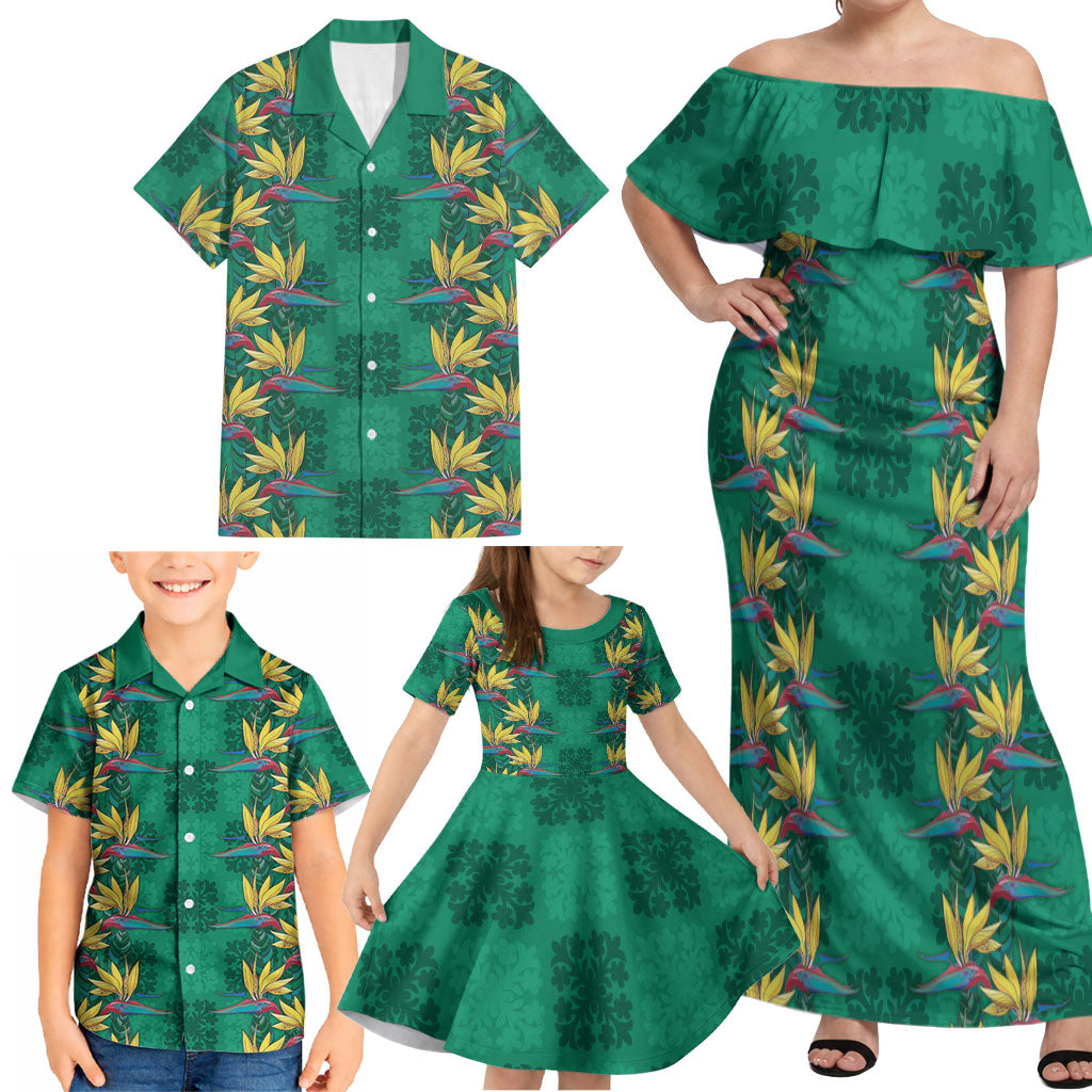 Hawaii Waikiki King Family Matching Off Shoulder Maxi Dress and Hawaiian Shirt Green Quilt With Pua Manu LT05 - Polynesian Pride