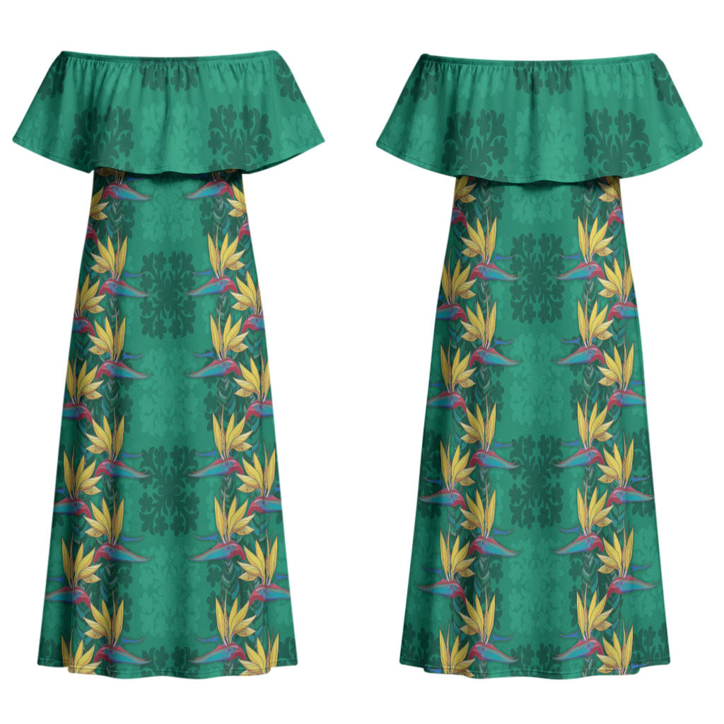 Hawaii Waikiki King Family Matching Off Shoulder Maxi Dress and Hawaiian Shirt Green Quilt With Pua Manu LT05 Mom's Dress Green - Polynesian Pride