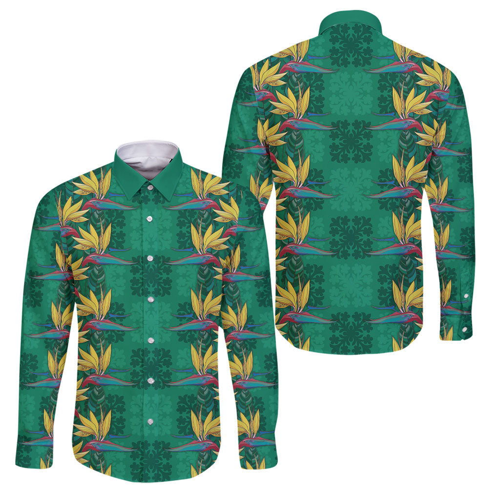 Hawaii Waikiki King Family Matching Off Shoulder Maxi Dress and Hawaiian Shirt Green Quilt With Pua Manu LT05 Dad's Shirt - Long Sleeve Green - Polynesian Pride