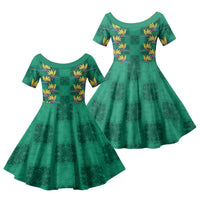 Hawaii Waikiki King Family Matching Off Shoulder Maxi Dress and Hawaiian Shirt Green Quilt With Pua Manu LT05 Daughter's Dress Green - Polynesian Pride