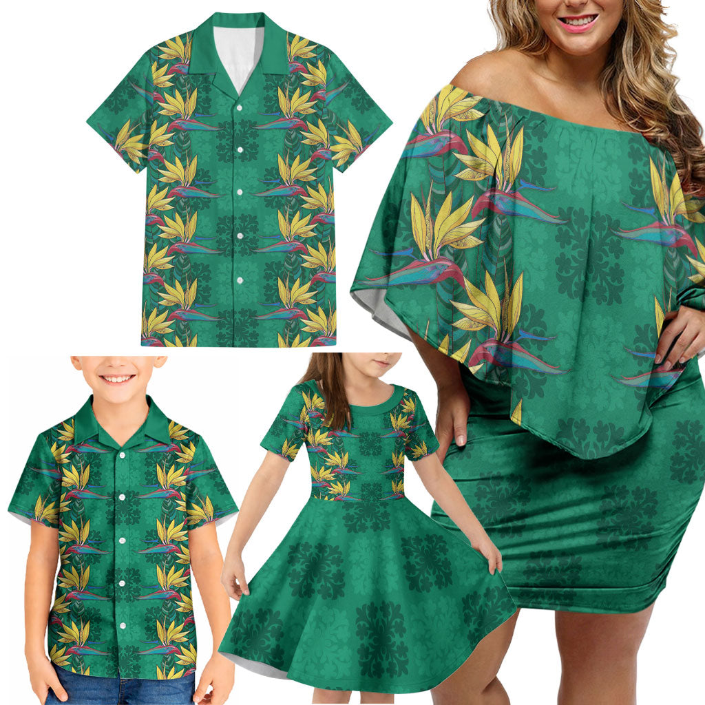 Hawaii Waikiki King Family Matching Off Shoulder Short Dress and Hawaiian Shirt Green Quilt With Pua Manu LT05 - Polynesian Pride