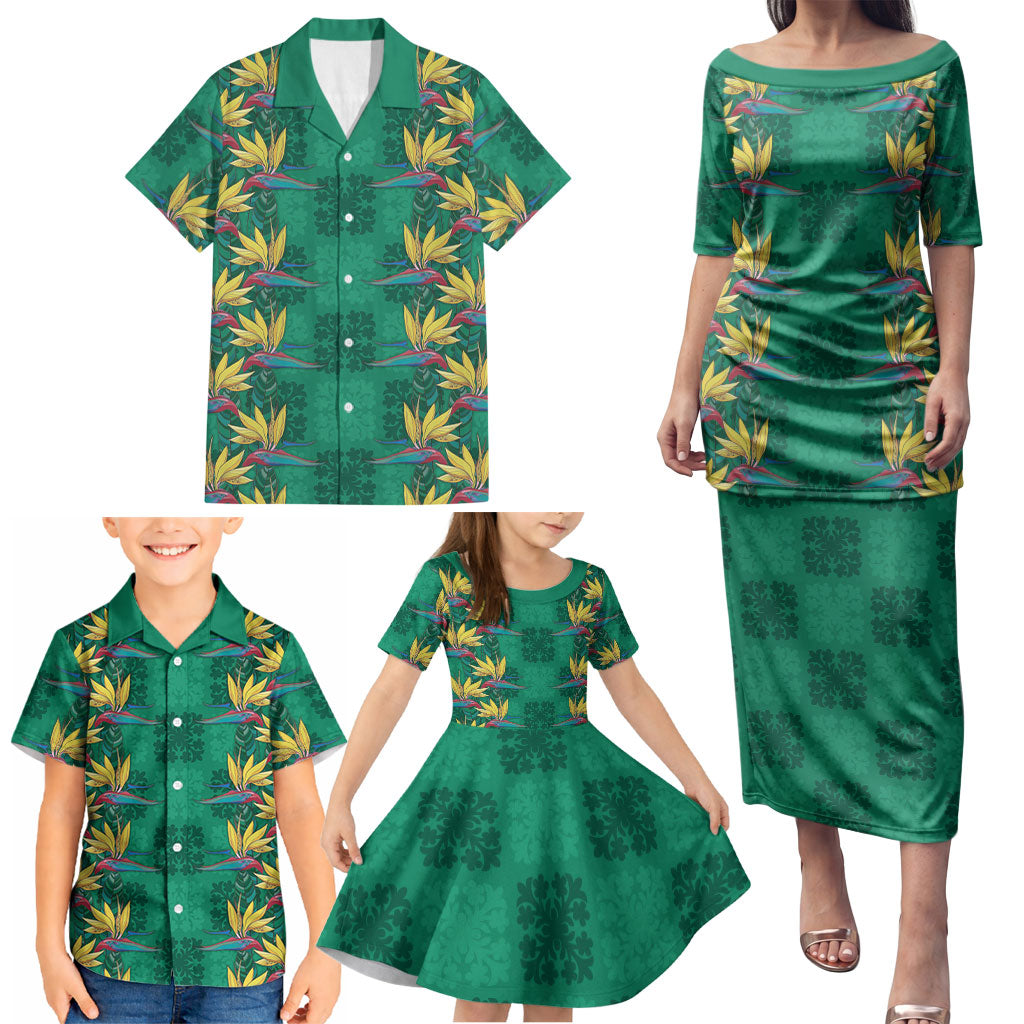 Hawaii Waikiki King Family Matching Puletasi and Hawaiian Shirt Green Quilt With Pua Manu LT05 - Polynesian Pride