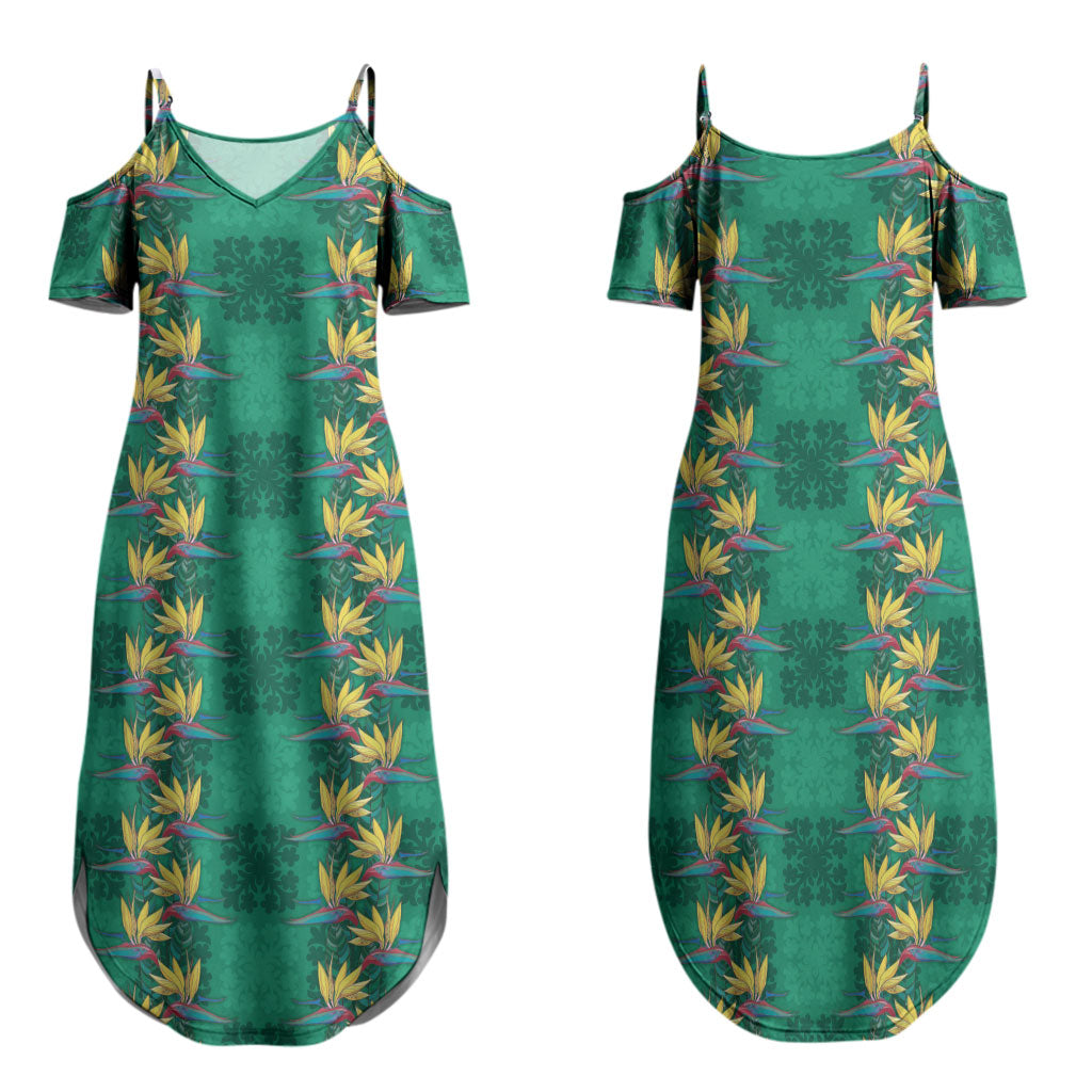 Hawaii Waikiki King Family Matching Summer Maxi Dress and Hawaiian Shirt Green Quilt With Pua Manu LT05 Mom's Dress Green - Polynesian Pride