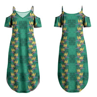 Hawaii Waikiki King Family Matching Summer Maxi Dress and Hawaiian Shirt Green Quilt With Pua Manu LT05 Mom's Dress Green - Polynesian Pride