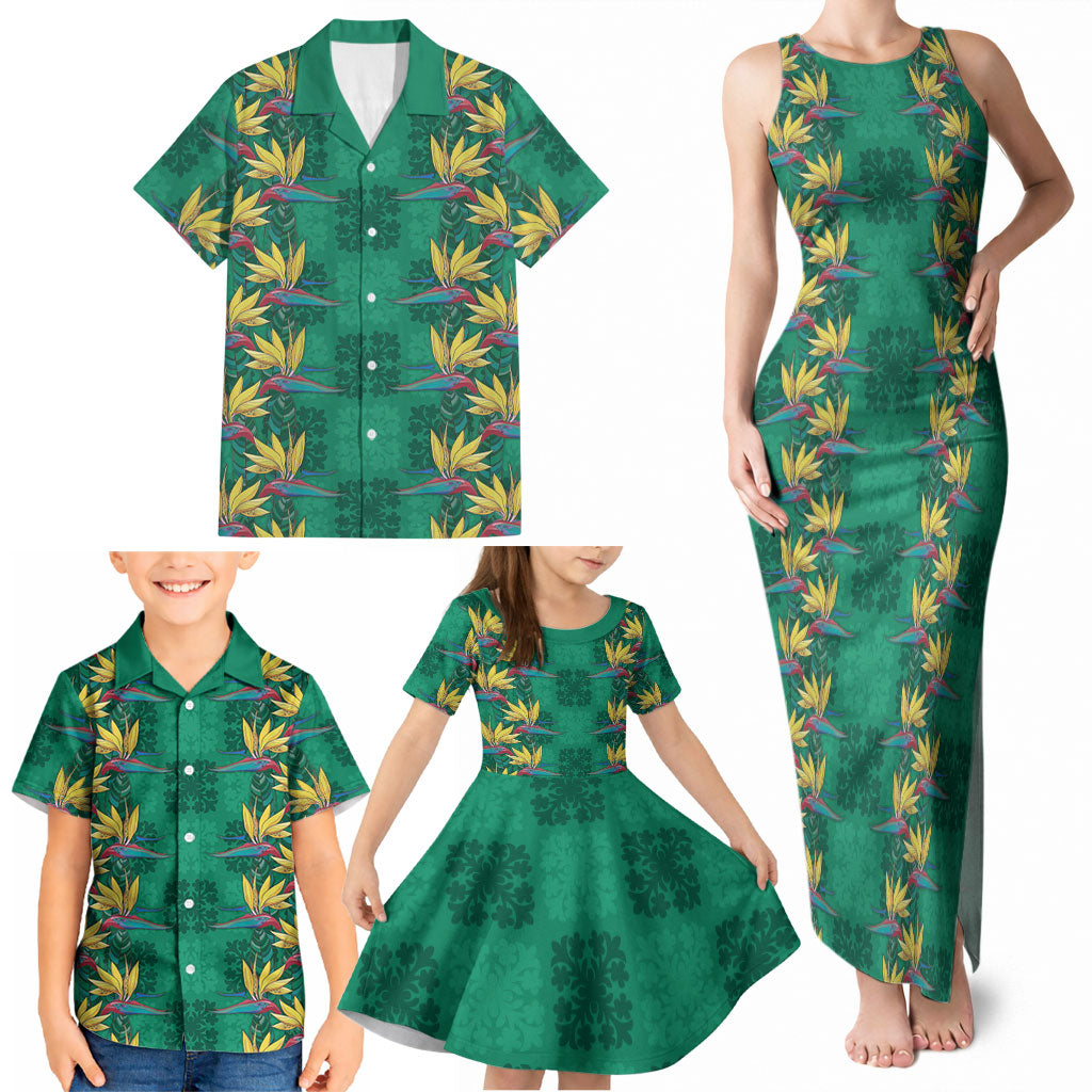 Hawaii Waikiki King Family Matching Tank Maxi Dress and Hawaiian Shirt Green Quilt With Pua Manu LT05 - Polynesian Pride
