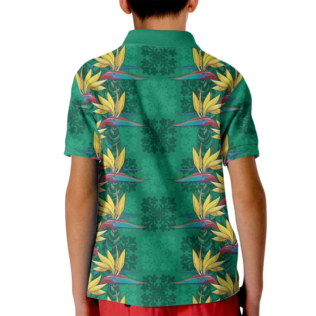 Hawaii Waikiki King Kid Polo Shirt Green Quilt With Pua Manu LT05 - Polynesian Pride