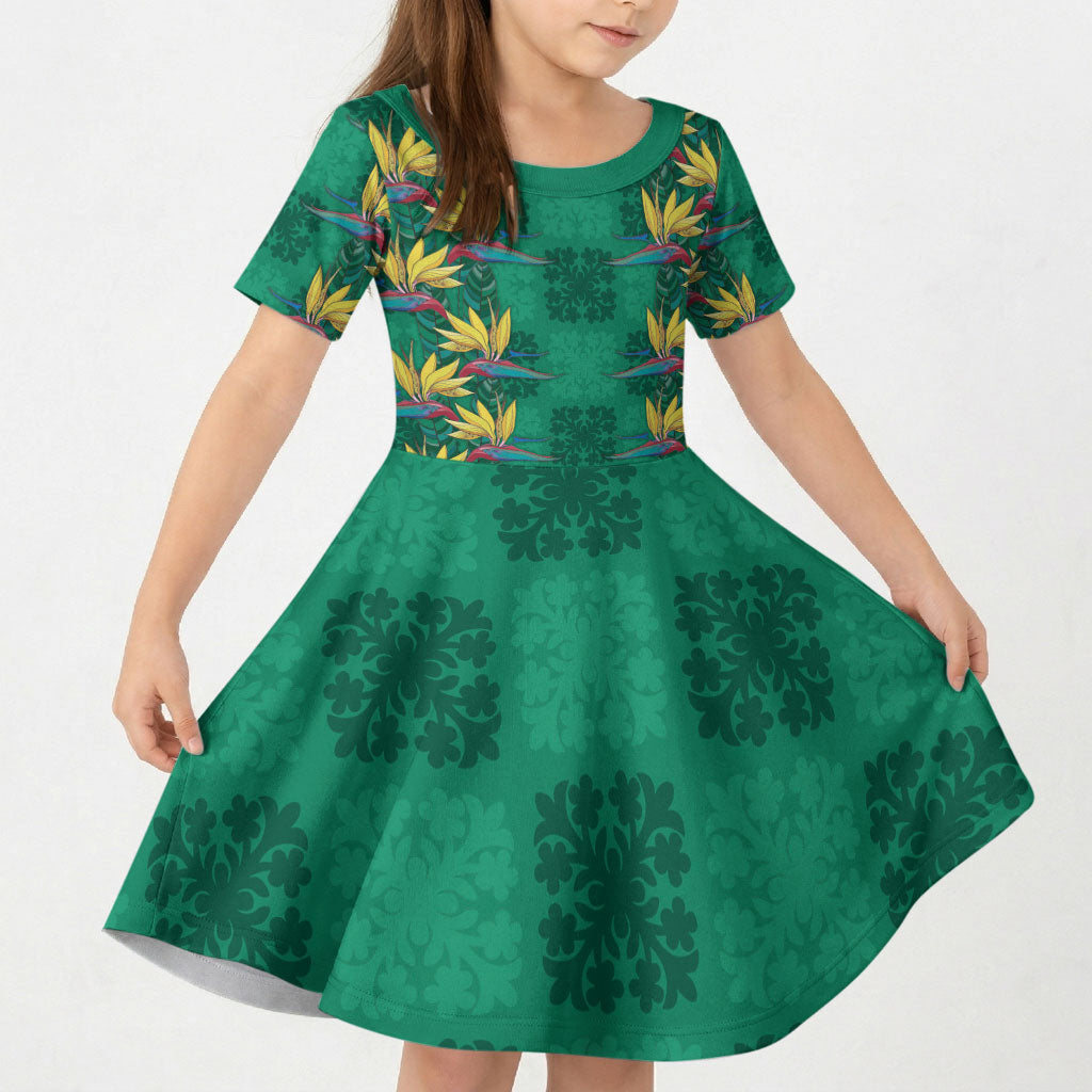 Hawaii Waikiki King Kid Short Sleeve Dress Green Quilt With Pua Manu LT05 KID Green - Polynesian Pride