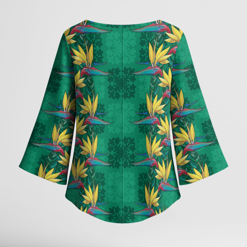 Hawaii Waikiki King Kimono Sleeve Blouse Green Quilt With Pua Manu LT05 - Polynesian Pride
