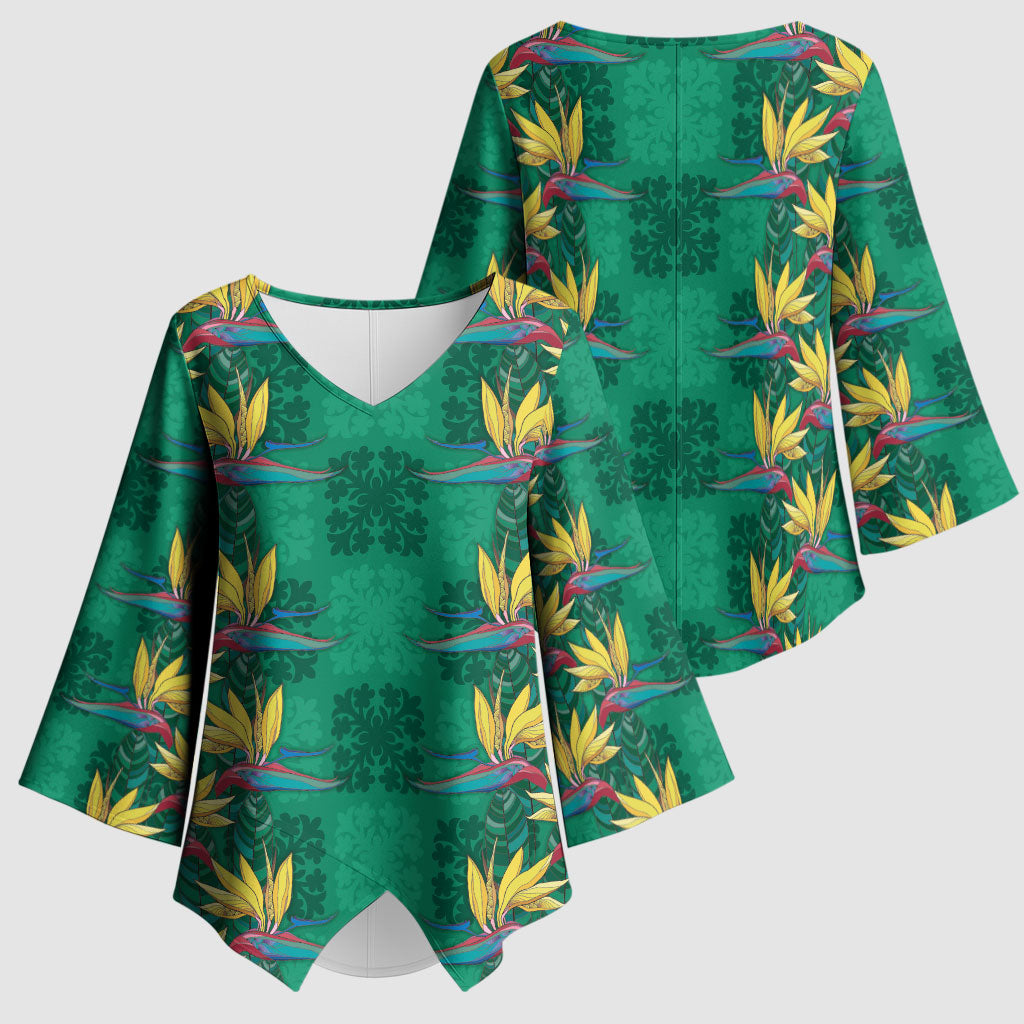 Hawaii Waikiki King Kimono Sleeve Blouse Green Quilt With Pua Manu LT05 - Polynesian Pride