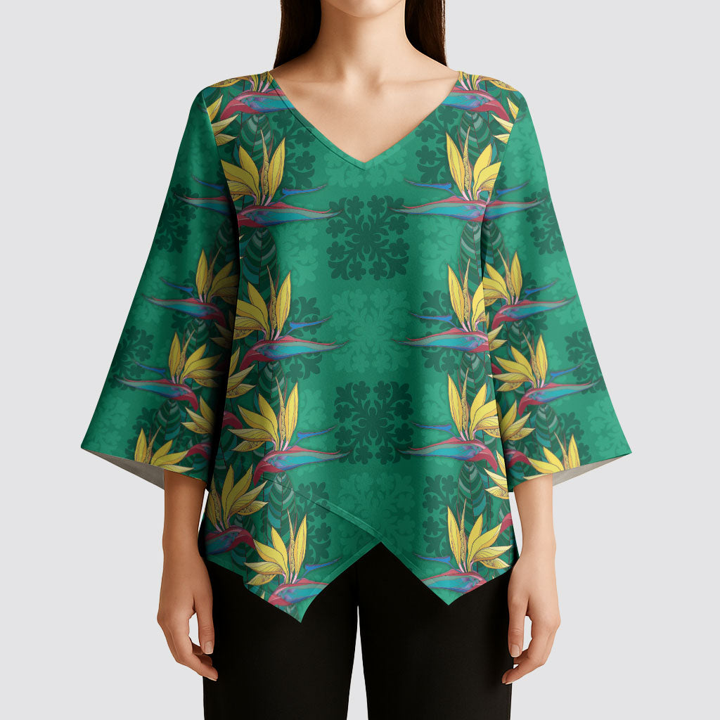 Hawaii Waikiki King Kimono Sleeve Blouse Green Quilt With Pua Manu LT05 - Polynesian Pride