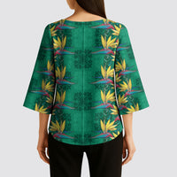 Hawaii Waikiki King Kimono Sleeve Blouse Green Quilt With Pua Manu LT05 - Polynesian Pride