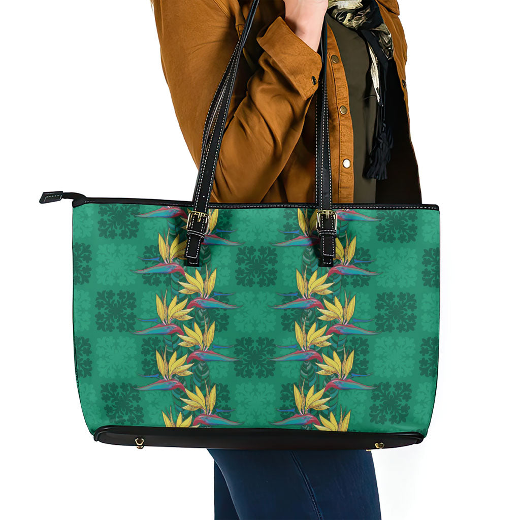 Hawaii Waikiki King Leather Tote Bag Green Quilt With Pua Manu LT05 - Polynesian Pride