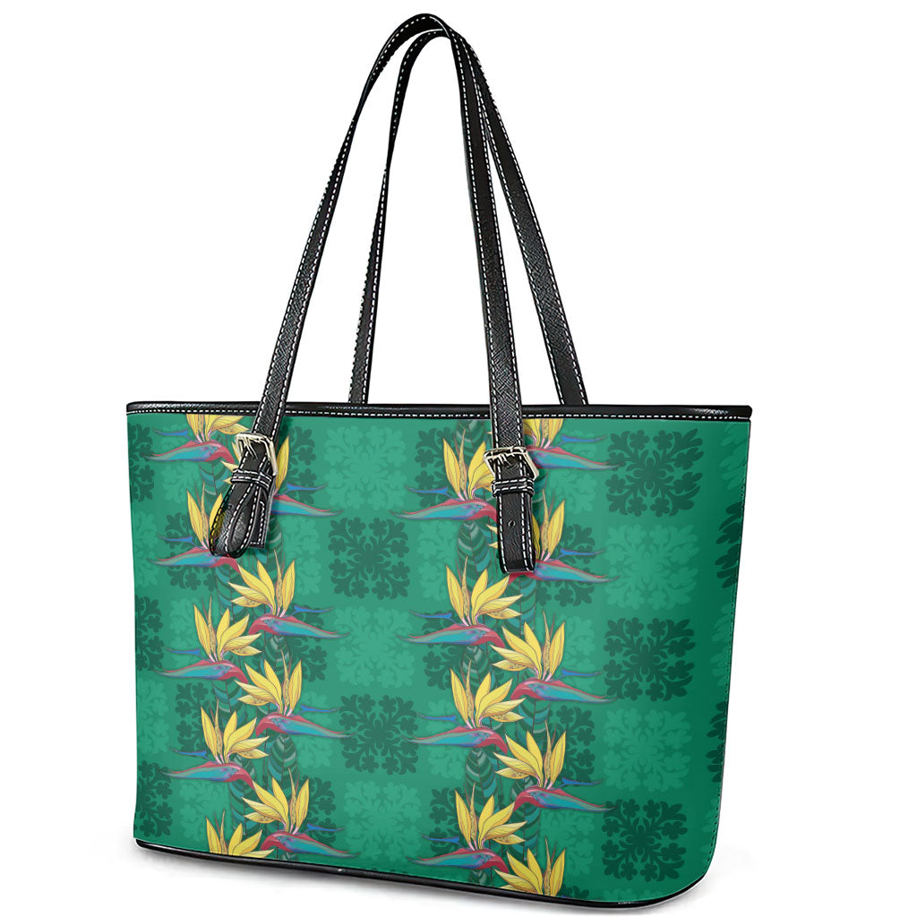 Hawaii Waikiki King Leather Tote Bag Green Quilt With Pua Manu LT05 - Polynesian Pride