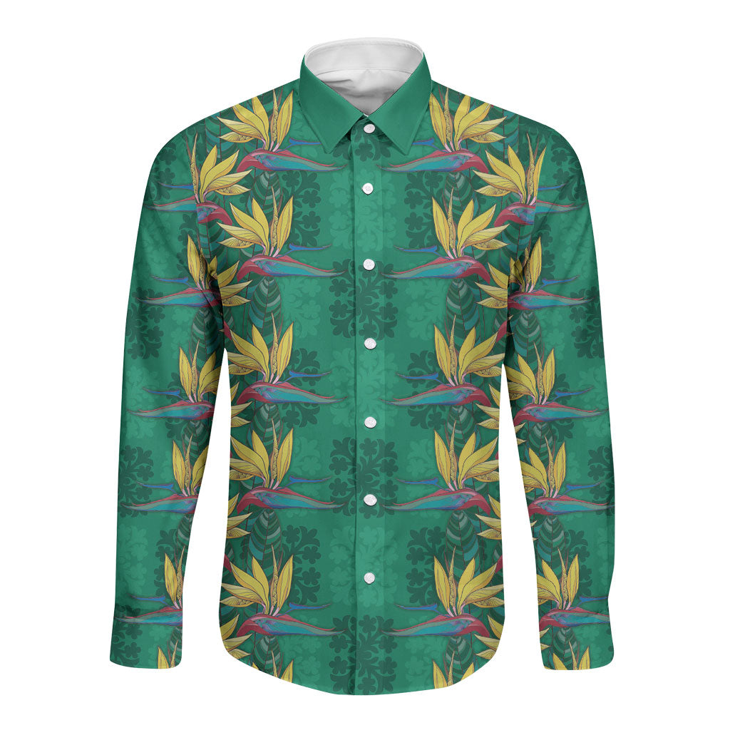 Hawaii Waikiki King Long Sleeve Button Shirt Green Quilt With Pua Manu LT05 Unisex Green - Polynesian Pride