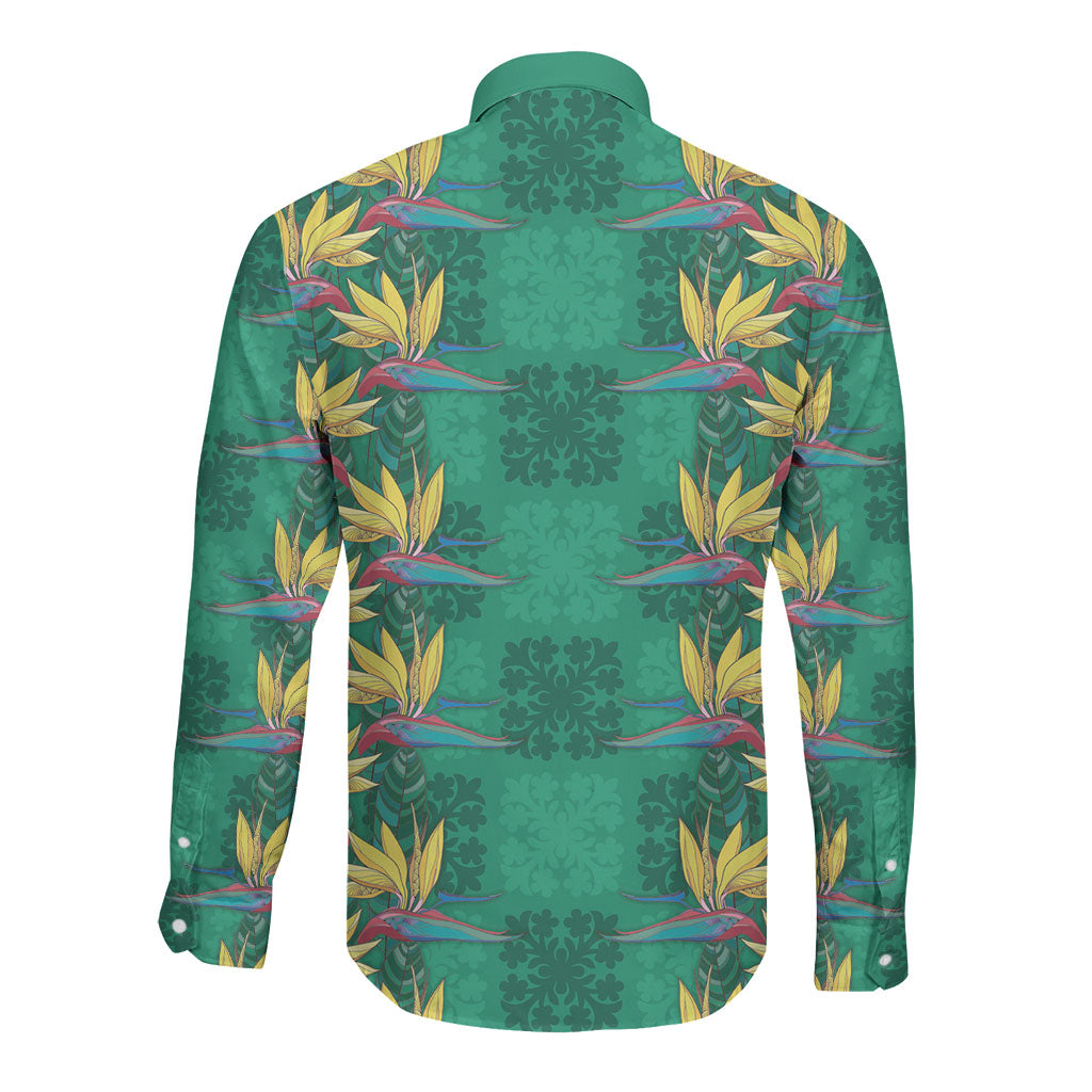 Hawaii Waikiki King Long Sleeve Button Shirt Green Quilt With Pua Manu LT05 - Polynesian Pride