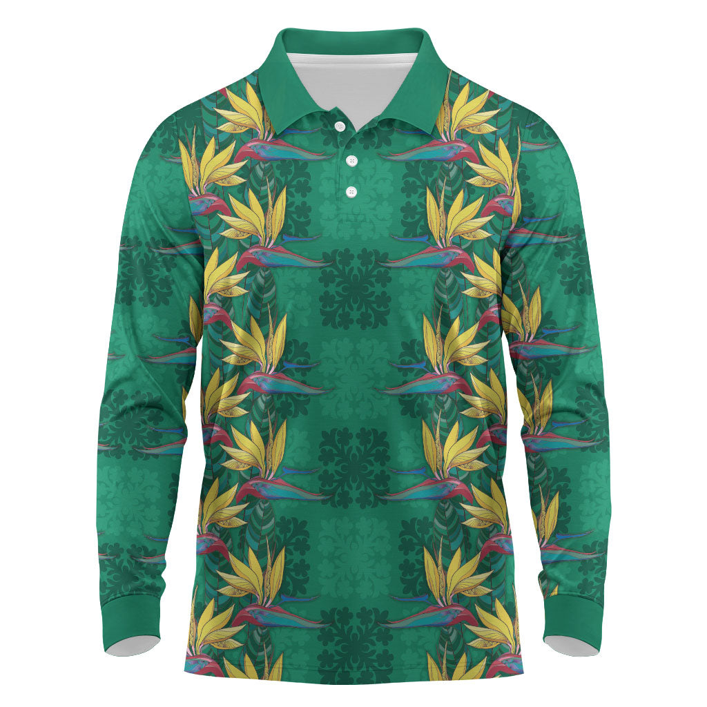 Hawaii Waikiki King Long Sleeve Polo Shirt Green Quilt With Pua Manu LT05 Green - Polynesian Pride