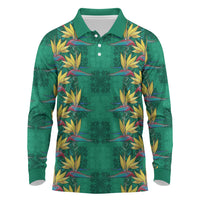 Hawaii Waikiki King Long Sleeve Polo Shirt Green Quilt With Pua Manu LT05 Green - Polynesian Pride