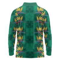 Hawaii Waikiki King Long Sleeve Polo Shirt Green Quilt With Pua Manu LT05 - Polynesian Pride