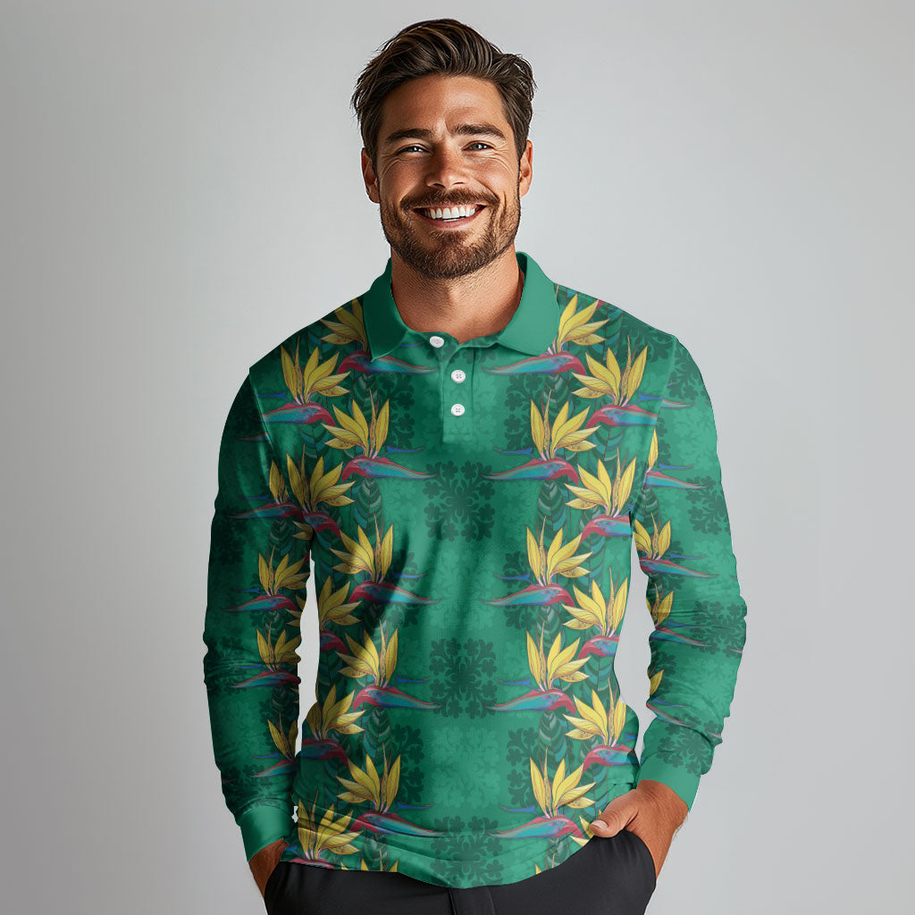 Hawaii Waikiki King Long Sleeve Polo Shirt Green Quilt With Pua Manu LT05 - Polynesian Pride