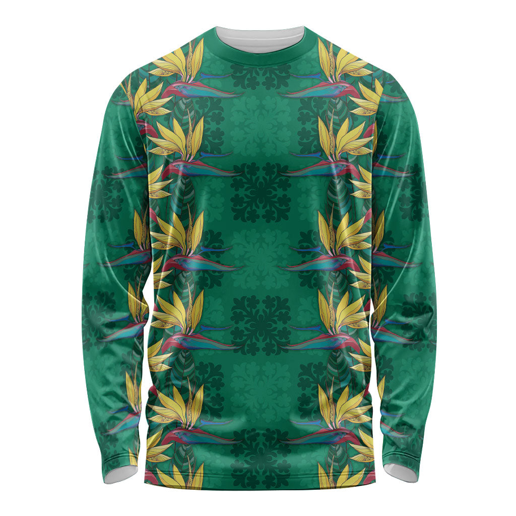 Hawaii Waikiki King Long Sleeve Shirt Green Quilt With Pua Manu LT05 Unisex Green - Polynesian Pride