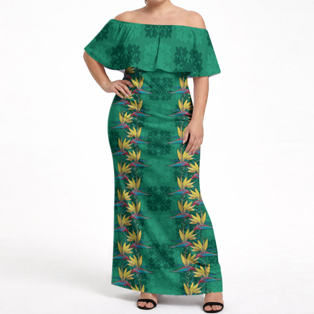 Hawaii Waikiki King Off Shoulder Maxi Dress Green Quilt With Pua Manu LT05 Women Green - Polynesian Pride